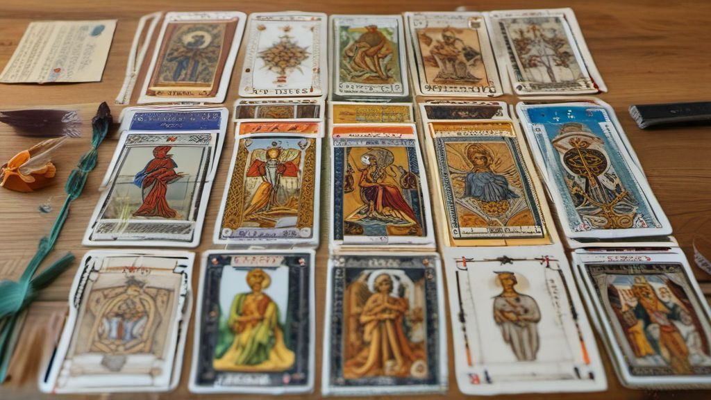 Tirage complet de Tarot avec cartes disposées sur la table