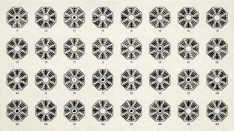 Tableau traditionnel des 64 hexagrammes originaux du Yi King présentant les symboles yin et yang complets du Livre des Transformations dans leur ordre classique